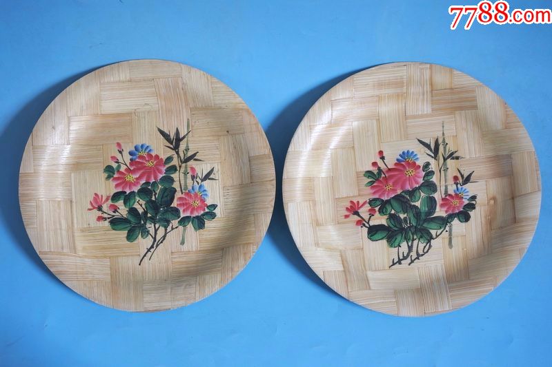少见,一对彩绘牡丹竹子盘