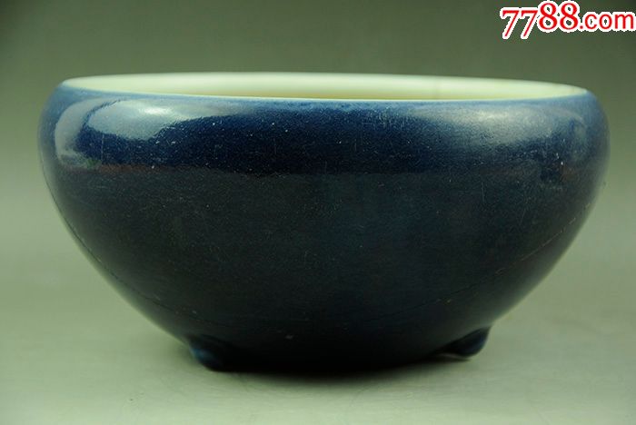 清代霁蓝三足钵式香炉祭蓝釉香炉明清景德镇老瓷器陈设摆件收藏品