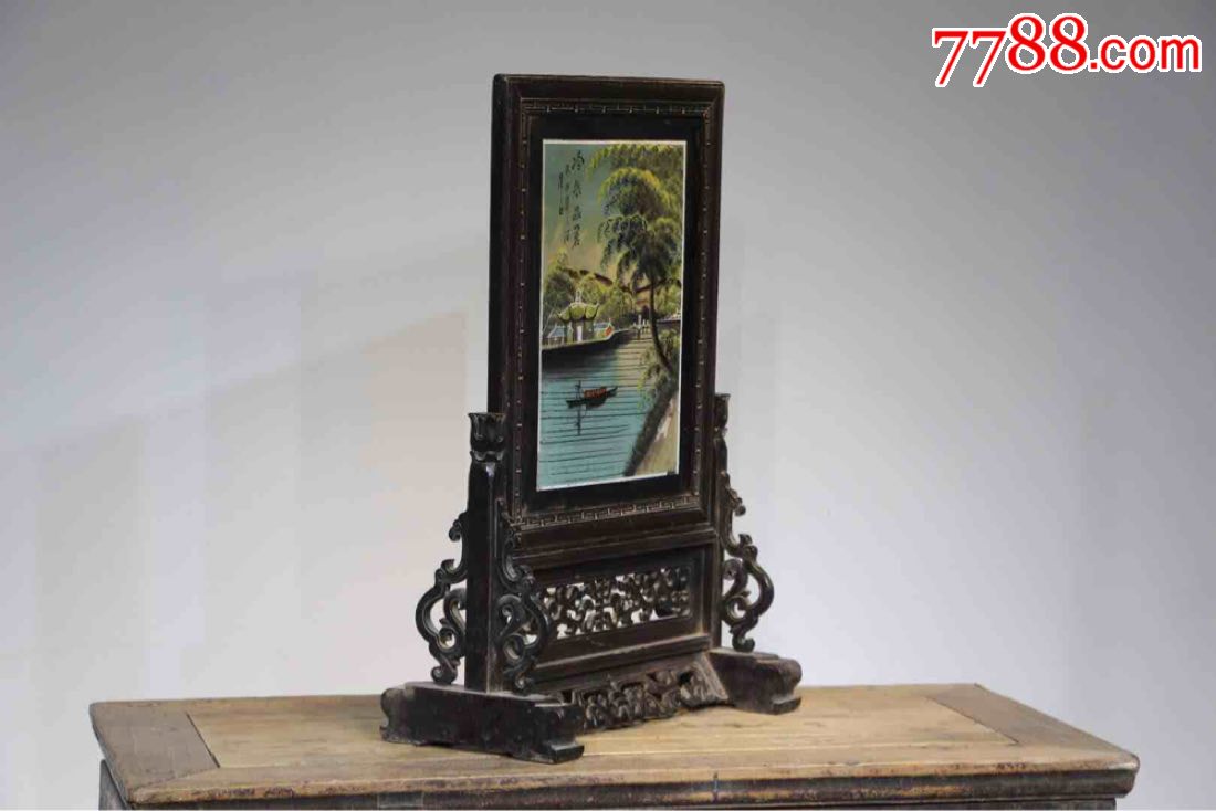 首页 零售 木屏风 >> 民国玻璃彩绘插屏手工描绘玻璃彩画,黑大漆楠木