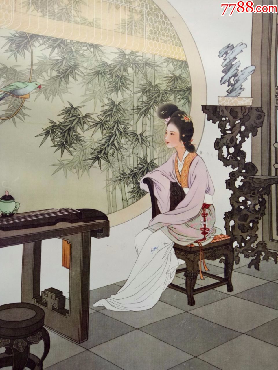 怀旧收藏八十年代年画仕女图窗前赏竹王叔晖画83*37cm