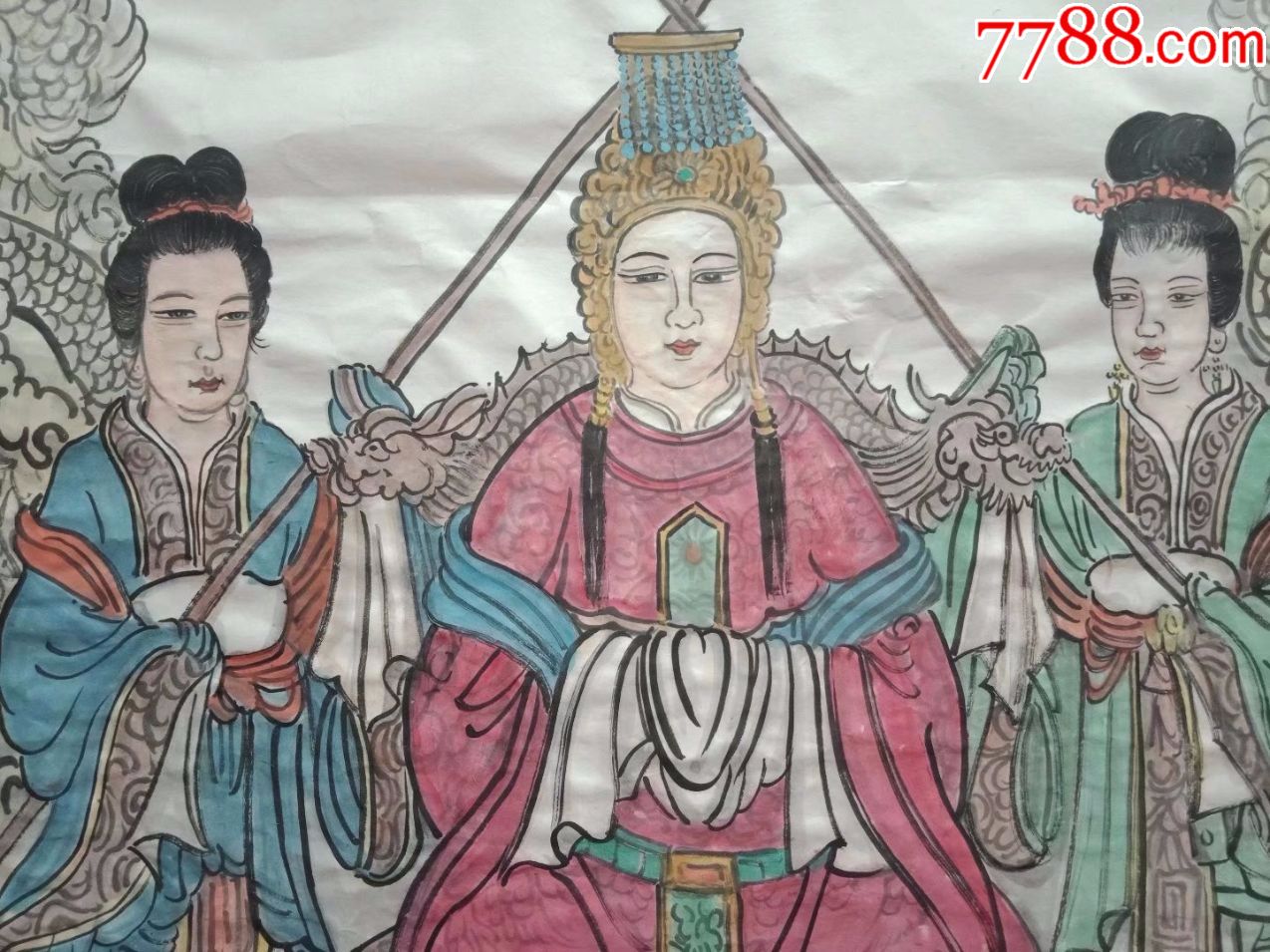 保证纯手工绘画妈祖和她的两个神仙宫女人物画国画四尺大尺寸神像