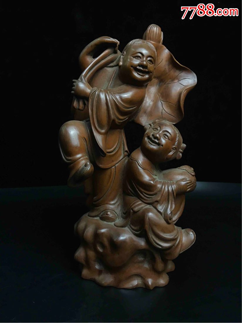 古玩杂项清黄杨木雕和合二仙摆件