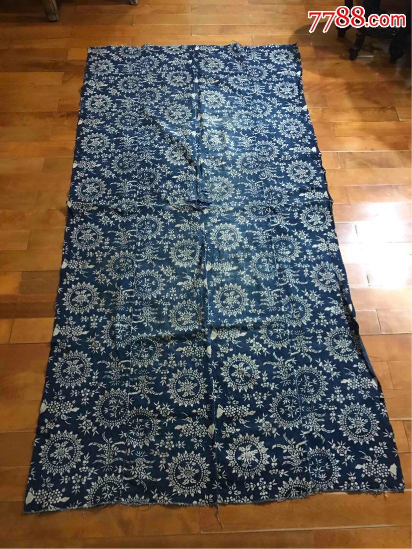 古董古玩收藏杂项清代蓝布床单棉布布料向日葵花卉民俗收藏老物件