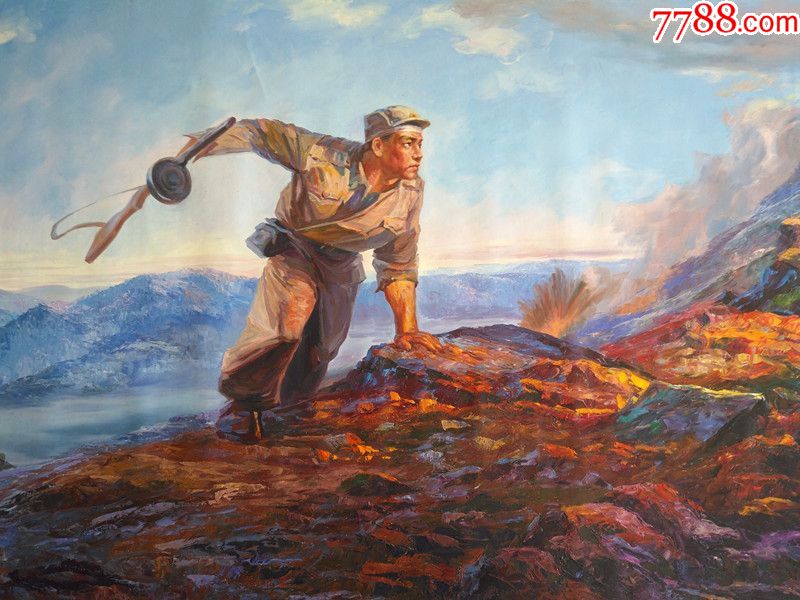 朝鲜功勋画家姜胜烈大幅革命宣传油画消灭敌人的机枪