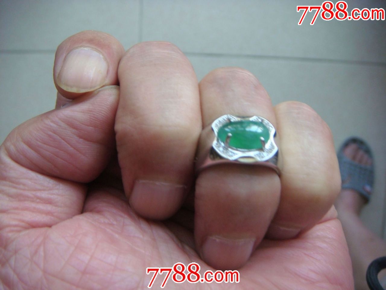 菠菜绿翡翠A货男戒指活口