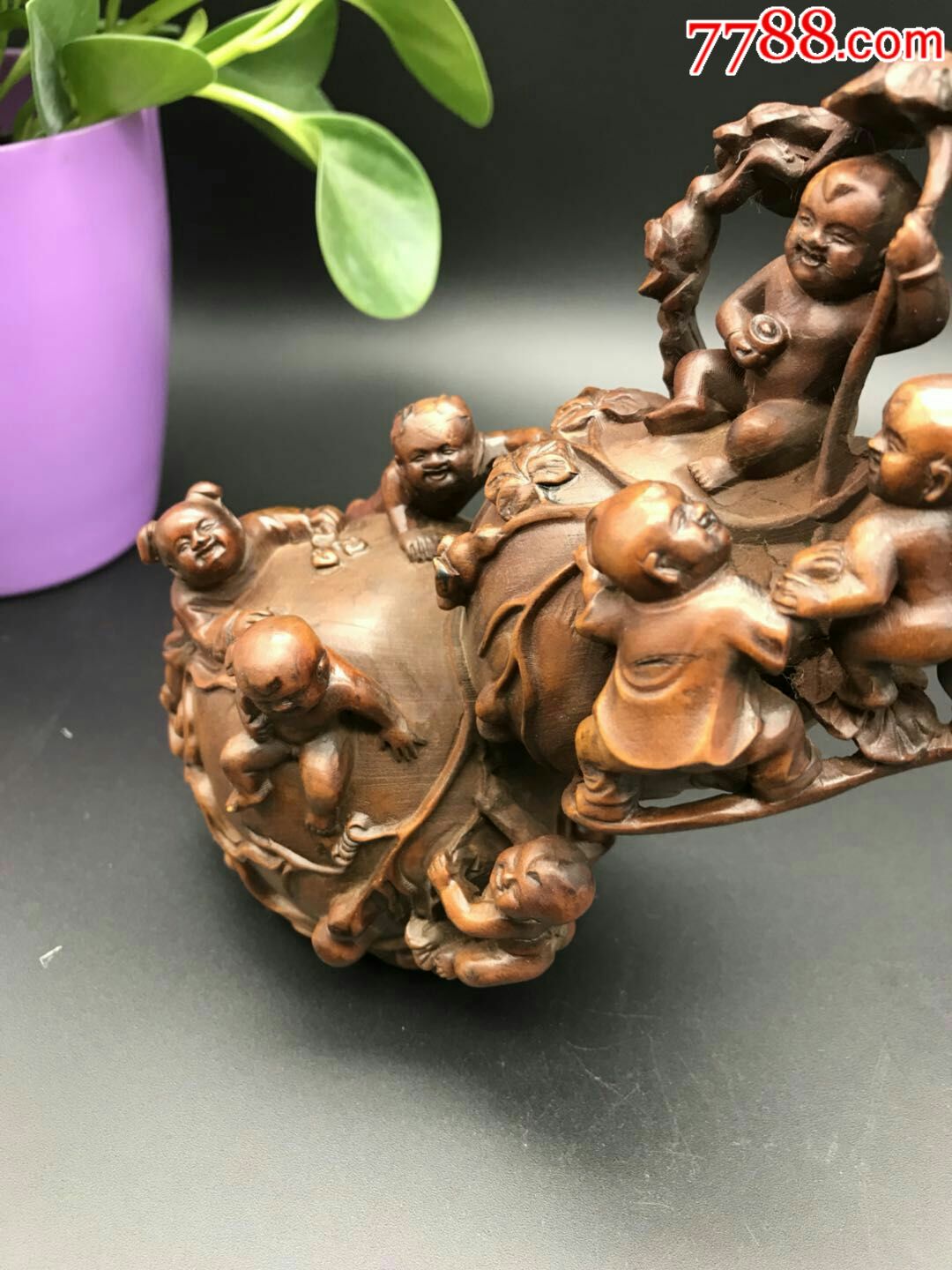 清末民初满工黄杨木纯手工雕刻多子多福摆件,纯手工雕刻,包浆均匀