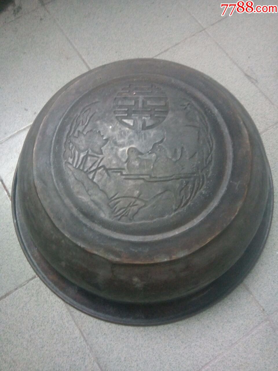 晚清民国鸳鸯戏水双喜老铜盆1个