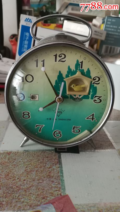 老上海产钻石牌动态森林小鸟模型闹钟