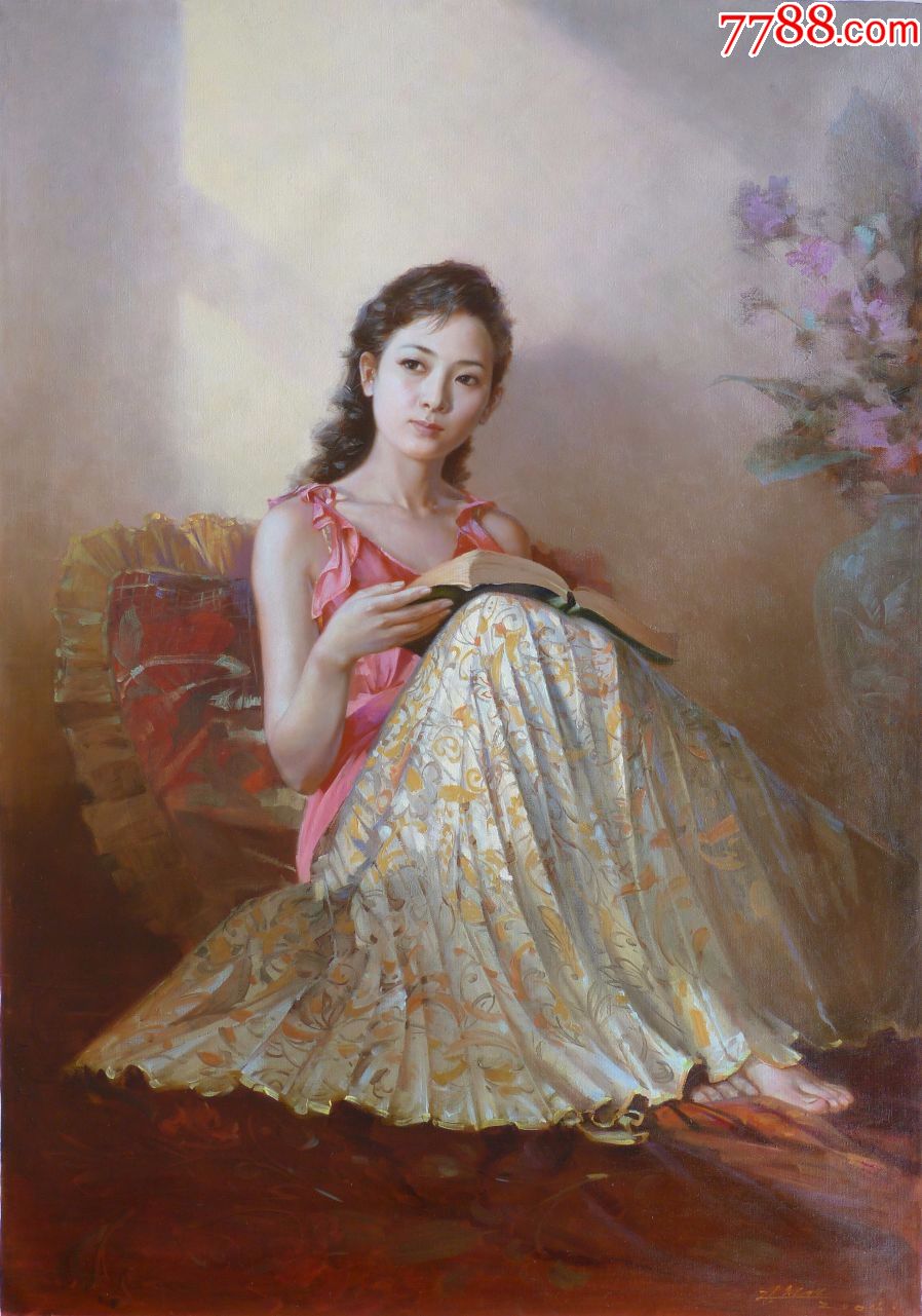 朝鲜油画姜哲英沉思的读者78x113cm