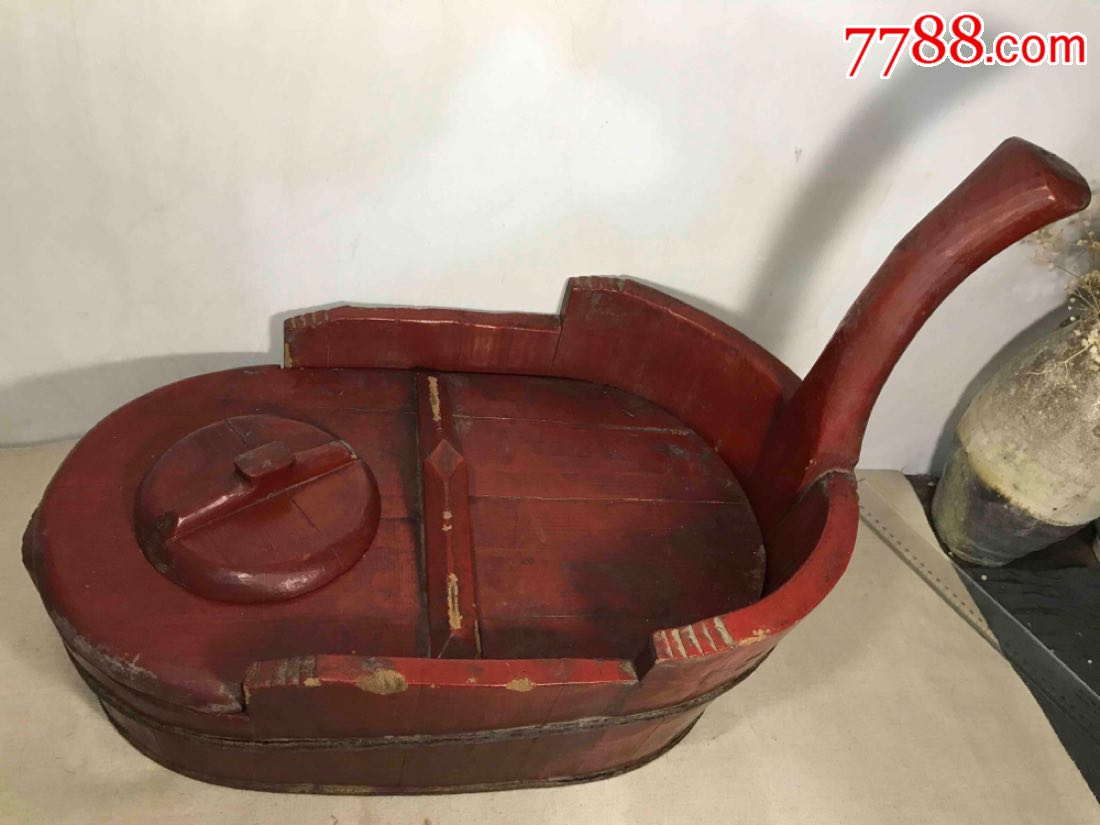 古董古玩收藏杂项清代木器家具小孩马桶红漆木桶