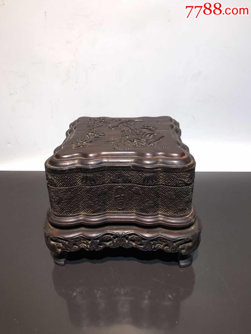 清代黄花梨满工吉祥如意首饰盒雕刻精美花纹清晰纯手工雕刻包老包真