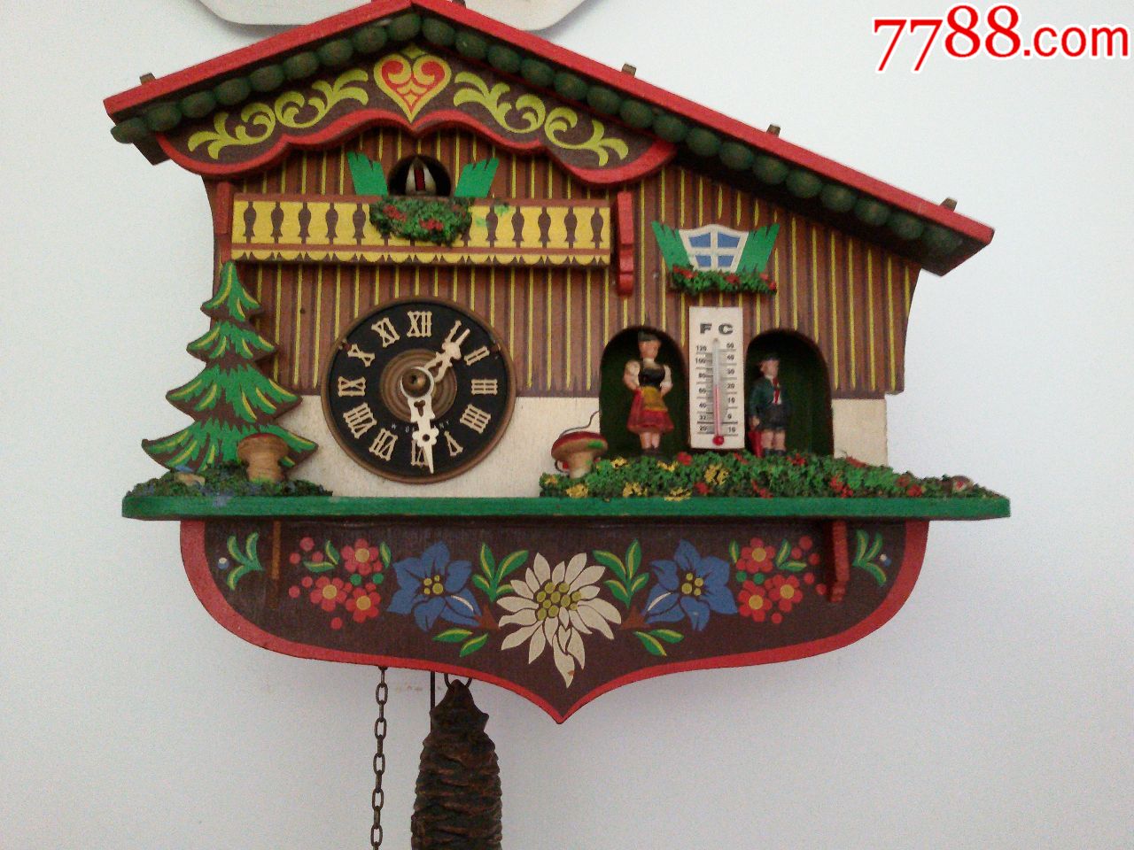 德国单锤人物风景带温度计的老布谷鸟(机械)挂钟,英国邮寄!