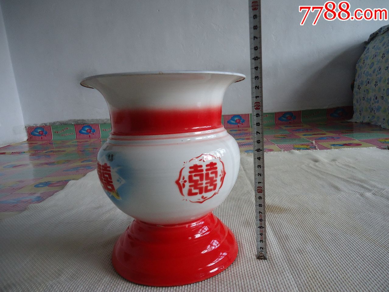 双喜字花卉搪瓷痰盂