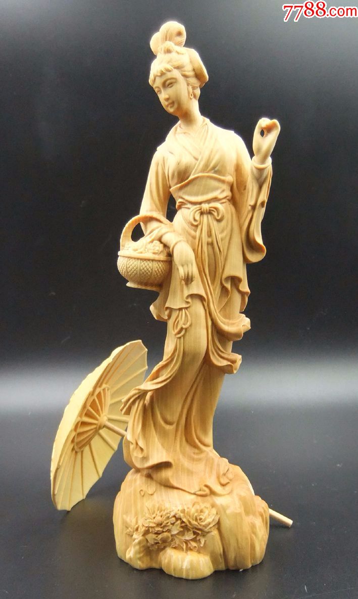 小叶黄杨木雕仕女踏青摆件