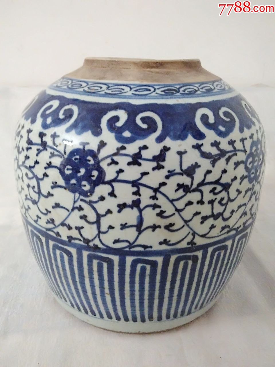 2638清中期莲花纹细路青花罐,古玩古瓷古董瓷器包真老货