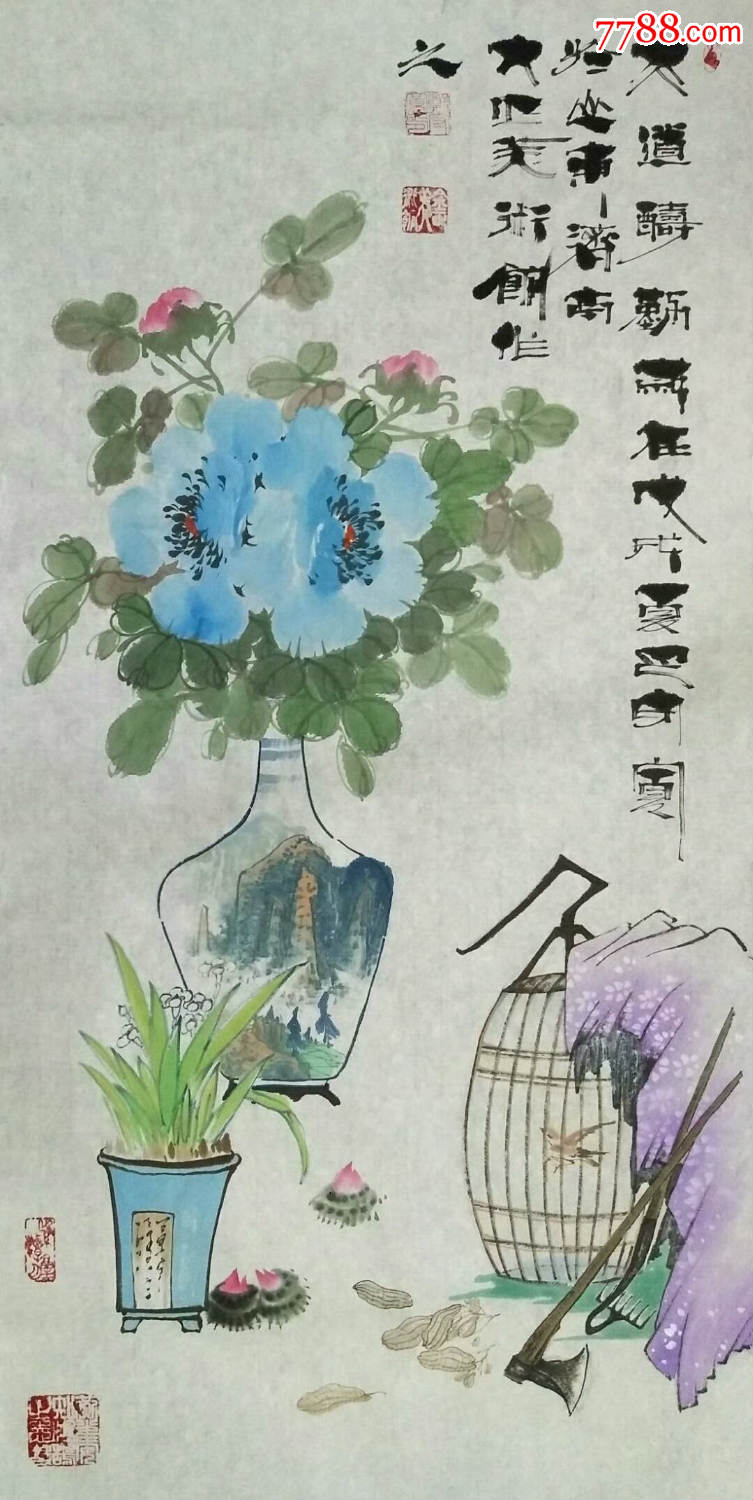 画廊保真著名书画家郑守宽先生四尺竖幅花鸟画青花瓷兼工带写小写意