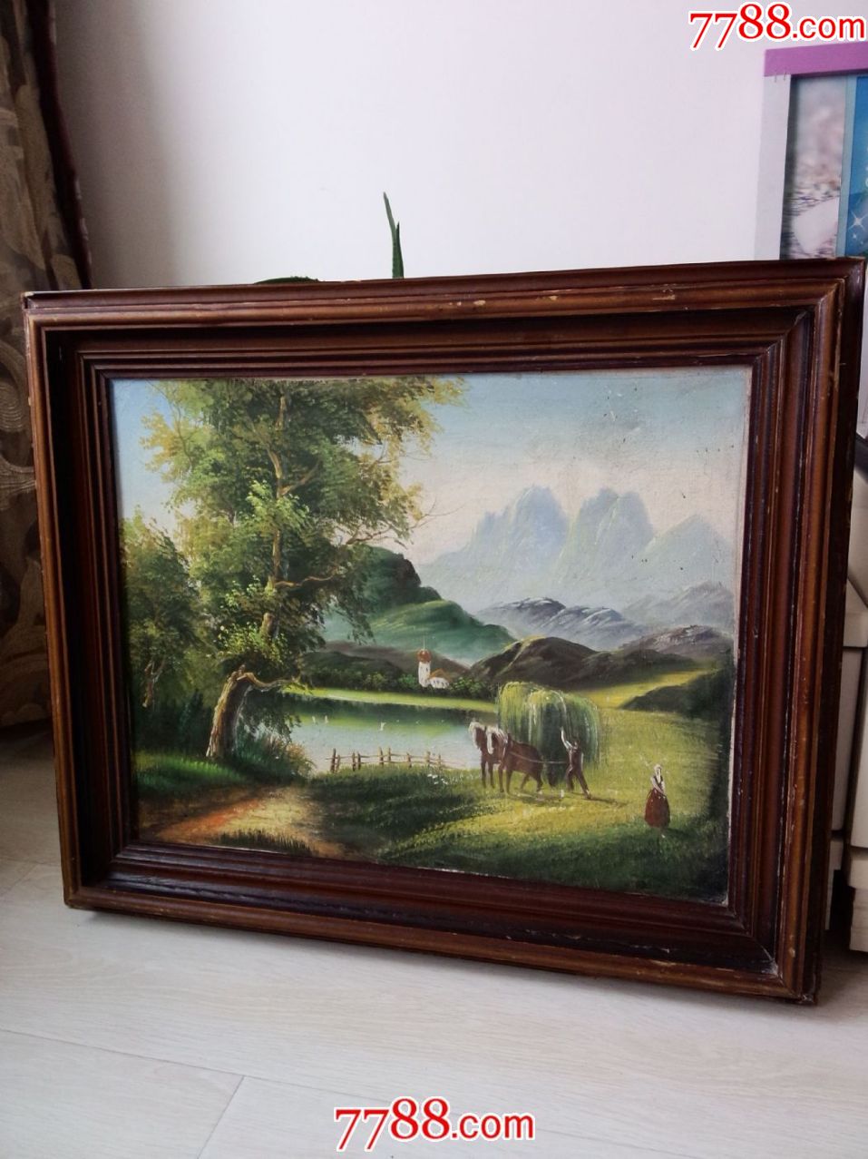 带框老布面山水人物油画一张