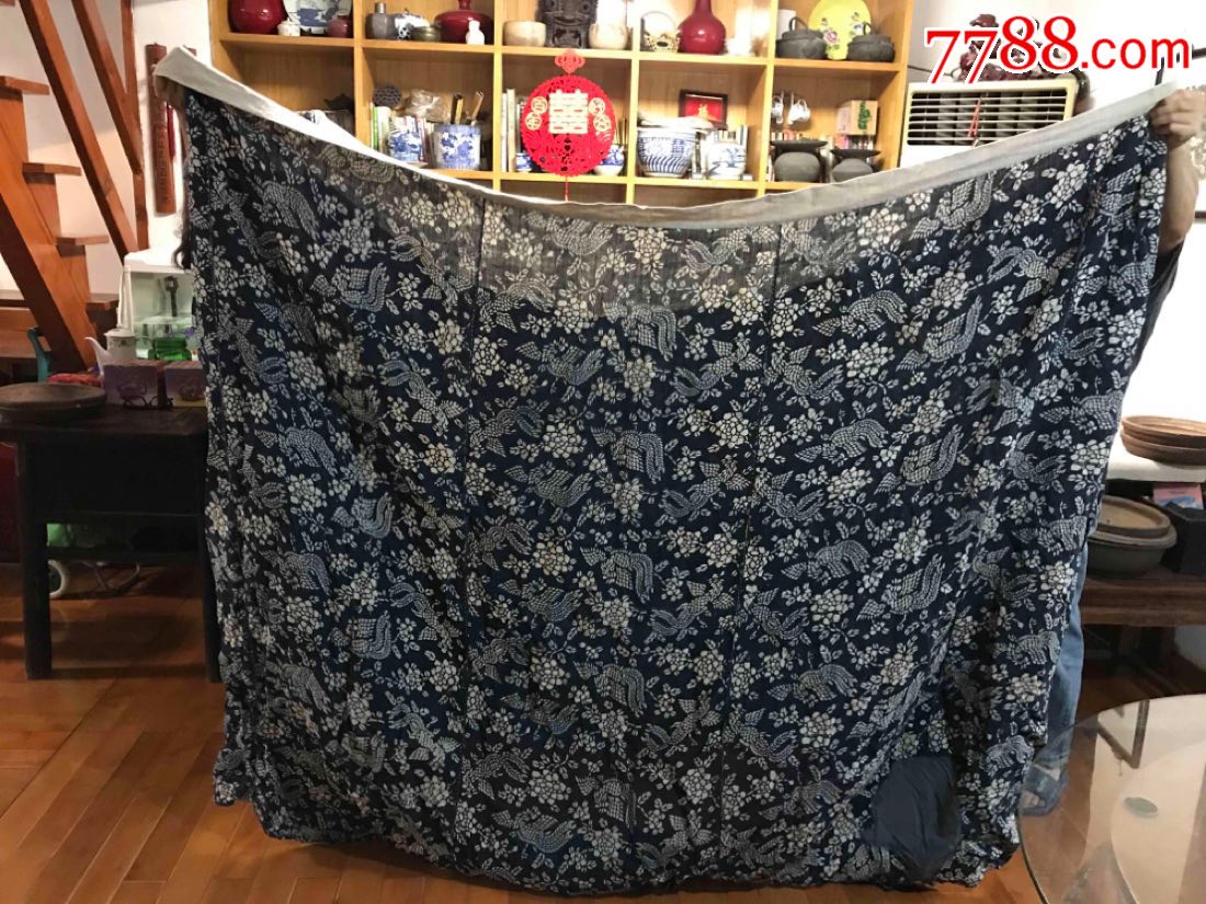 古董古玩收藏清代杂项手工老蚊帐老帐子老土布老蓝布布料_轿帘/帐帘