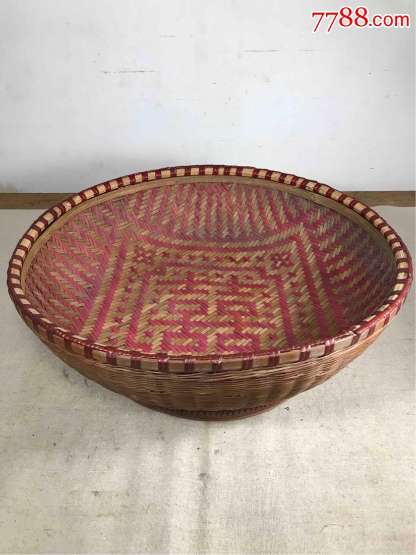 古董古玩收藏杂项清代竹篮竹筐藤篮篮子竹编针线蓝双喜