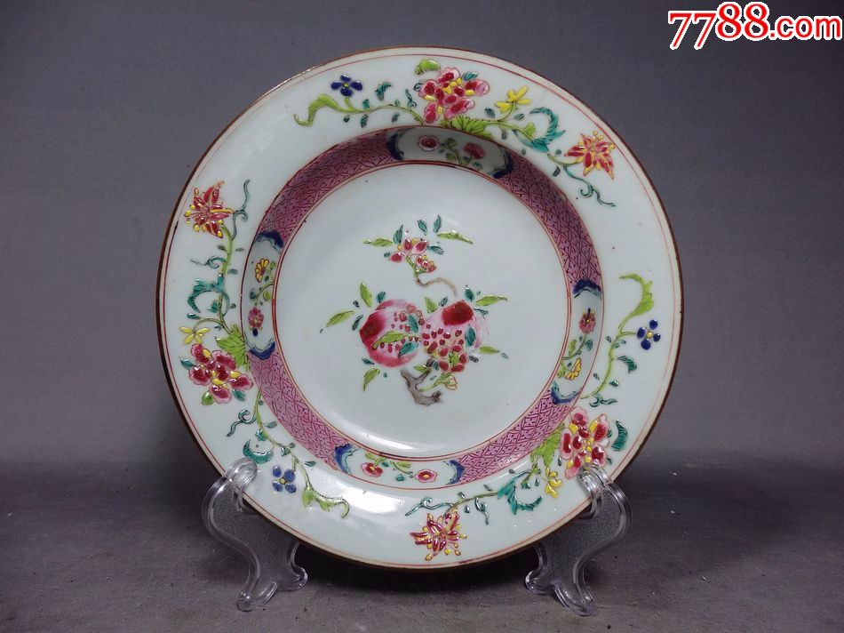 雍正粉彩寿桃花卉绘画折腰盘