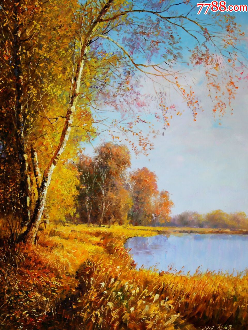 朝鲜纯手绘油画韩贤中,秋天,2018.6,90x68cm