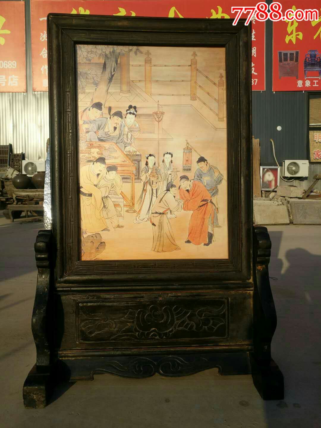 清代,纯手绘达官贵人晚宴玻璃画大插屏