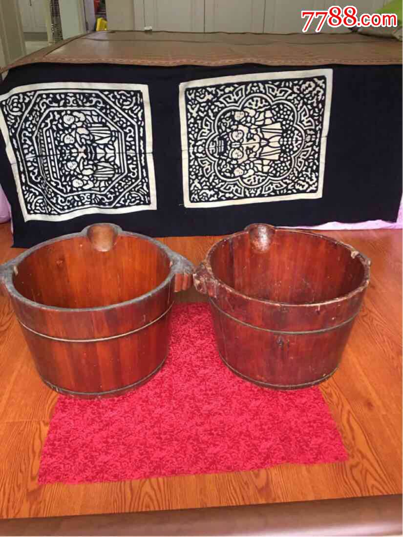 民俗双耳老木桶一对(直径31高21)看图