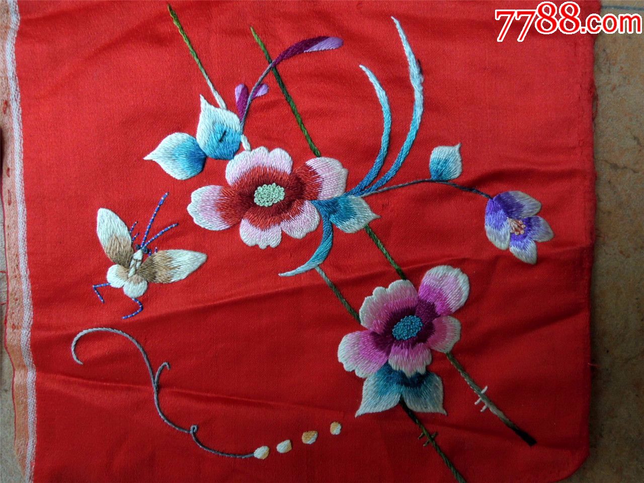 刺繡收藏1807-民國邊疆手工繡緞面花開富貴繡片四件套-抗戰必勝