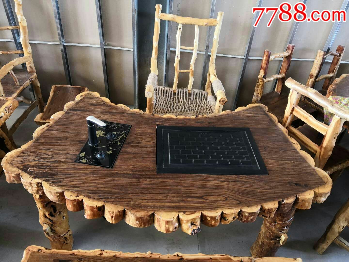 枣木扇形茶桌五件套,一桌一主椅两短凳一长凳,款式新颖,造型独特