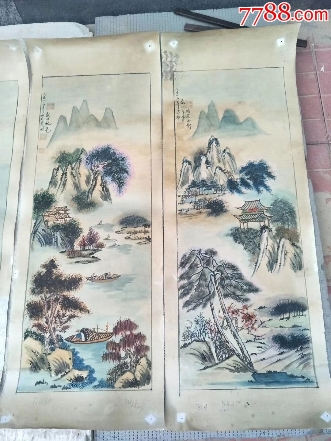 四张纯手绘春夏秋冬山水画,纯手绘,年底不长,但是是大师杰作,功底深