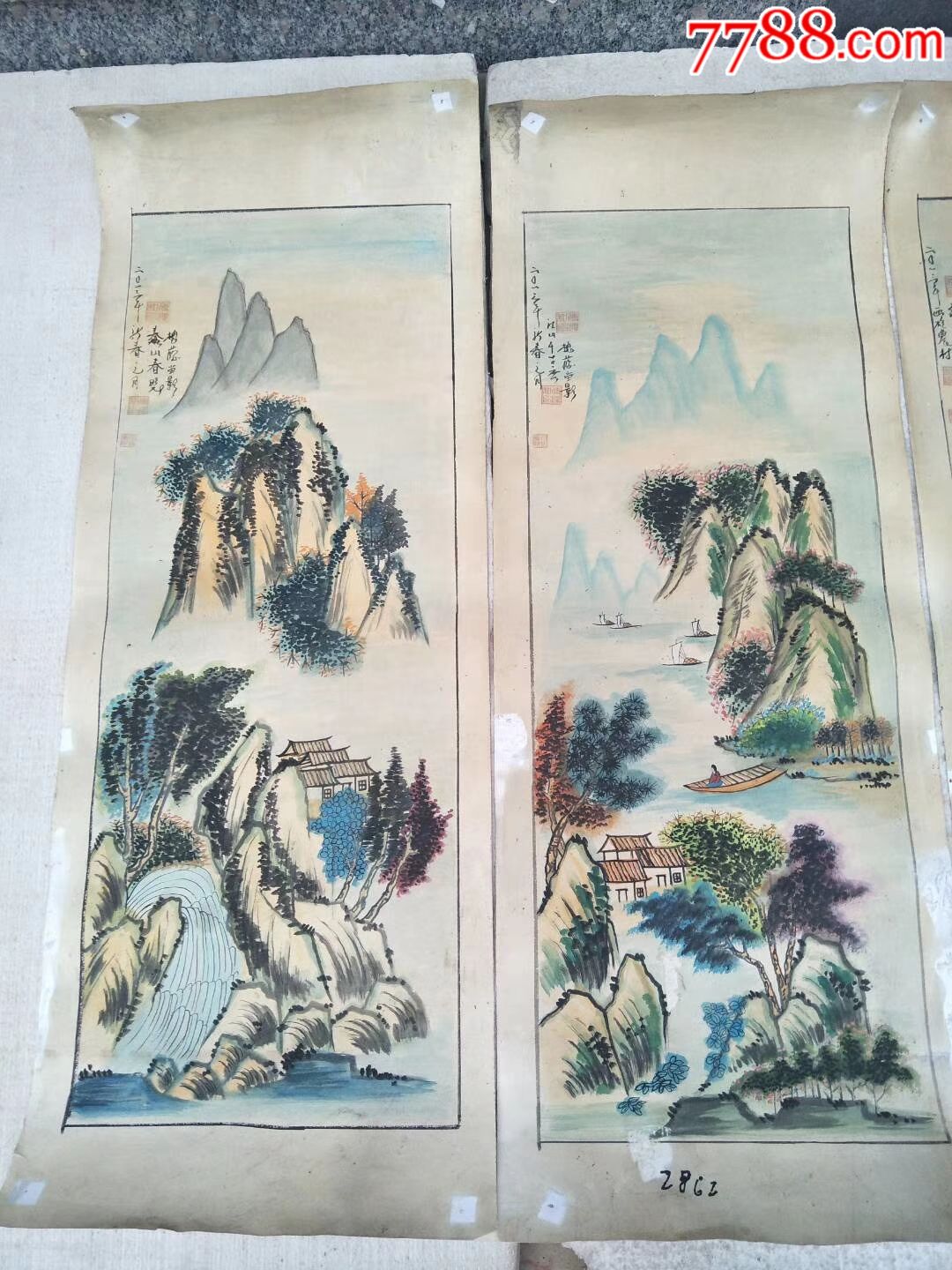 四张纯手绘春夏秋冬山水画,纯手绘,年底不长,但是是大师杰作,功底深