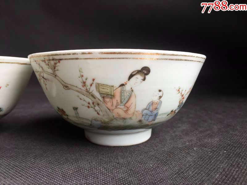 民国[王义盛作]粉彩人物碗一对