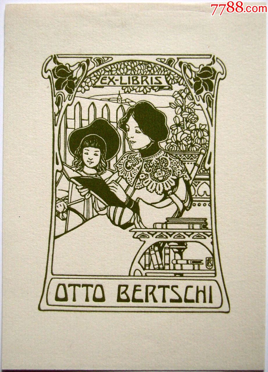 新艺术瑞士艺术家fbovard线刻藏书票读书的闺秀仕女与女儿