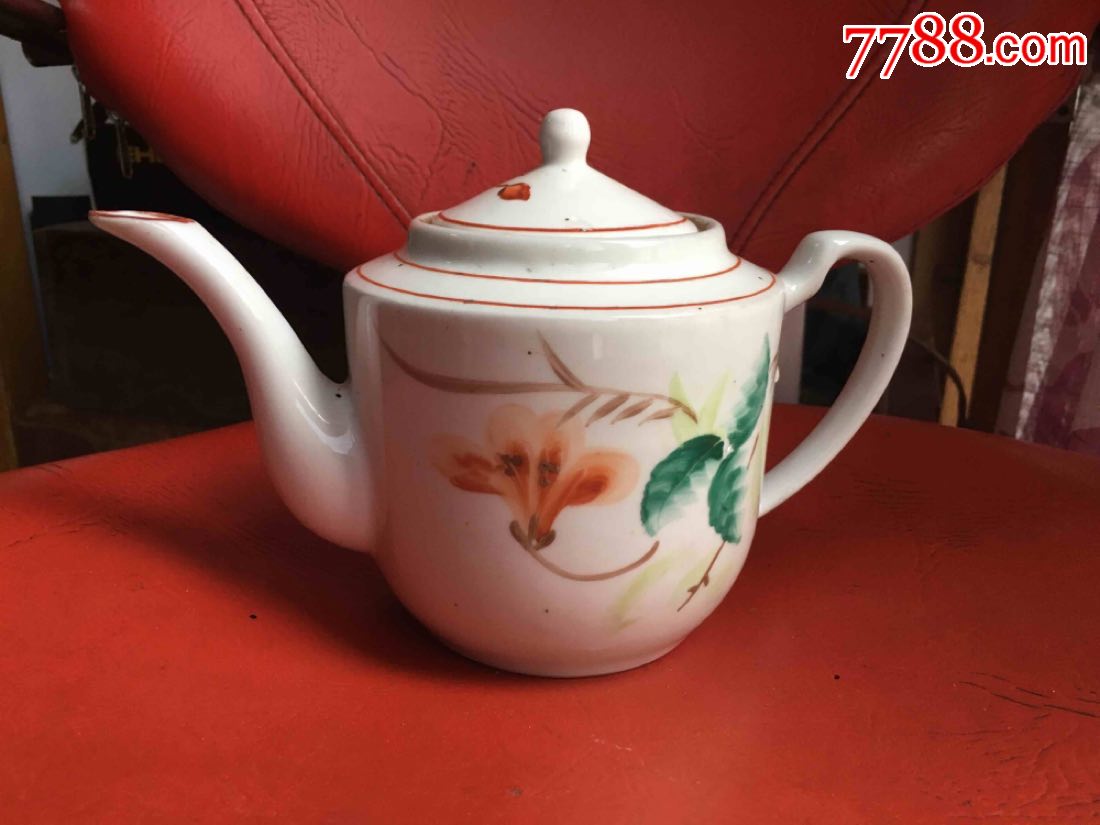 韩国制造手绘木槿花茶壶6070年代怀旧收藏道具盖上有小磕
