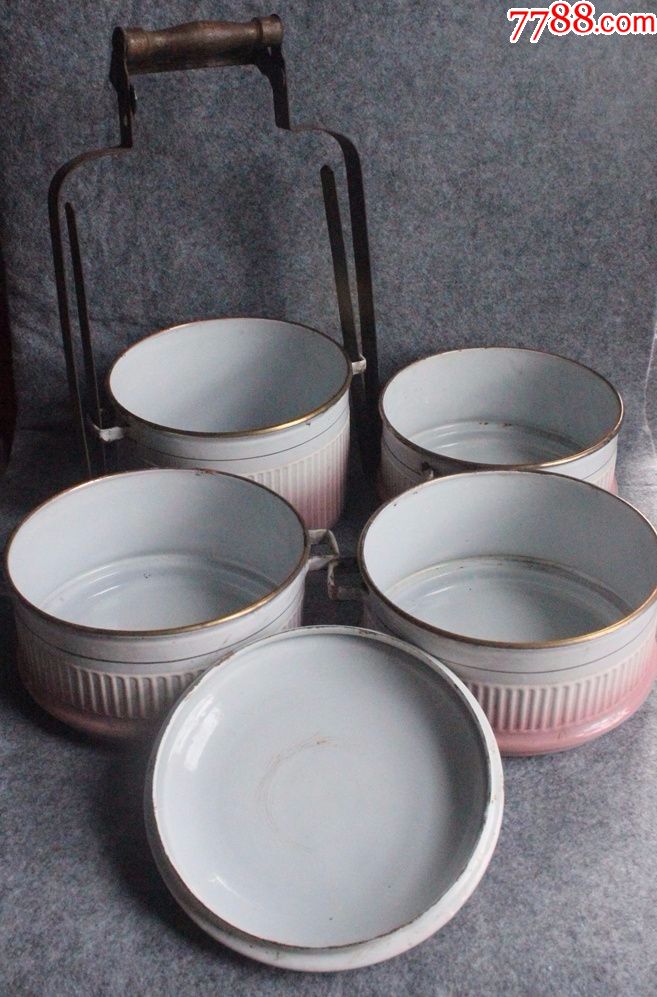 民国时期四层径17cm老搪瓷饭盒描金口素面凹凸纹高43cmzz.1037