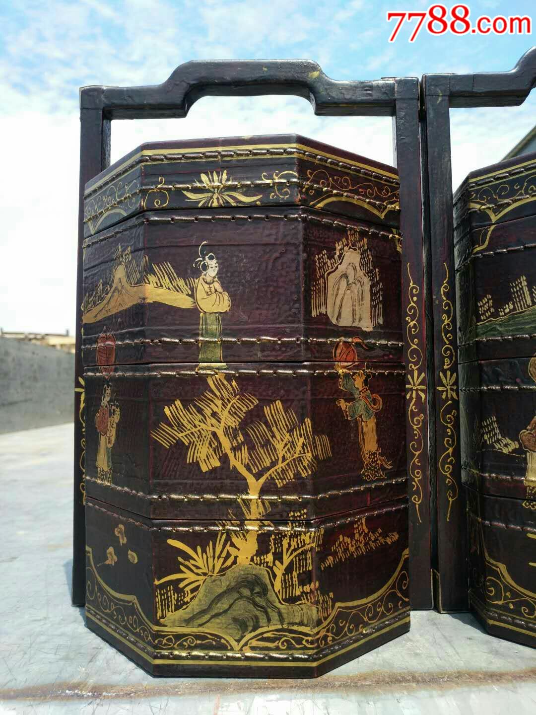 清代,牛皮纯手绘人物点心提食盒一对,做工讲究,高端大气上档次