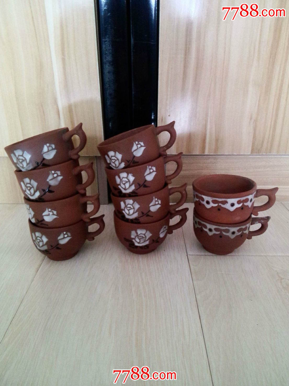 建国初四川荣昌陶安陶釉彩牡丹纹茶杯10个同售