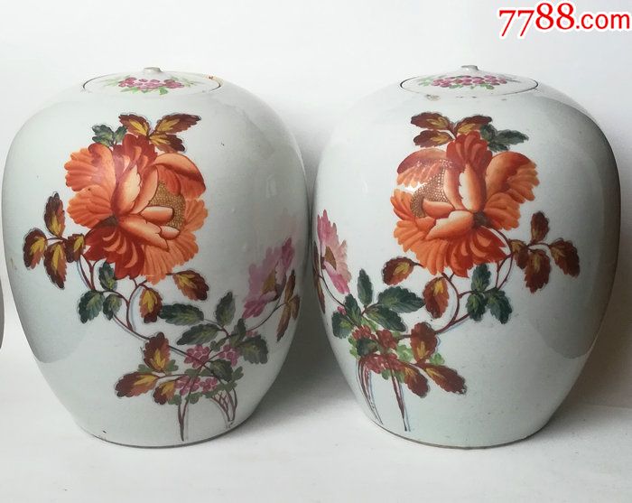 50年代建国瓷器景德镇手绘粉彩菊花纹饰冬瓜罐摆件古董收藏品