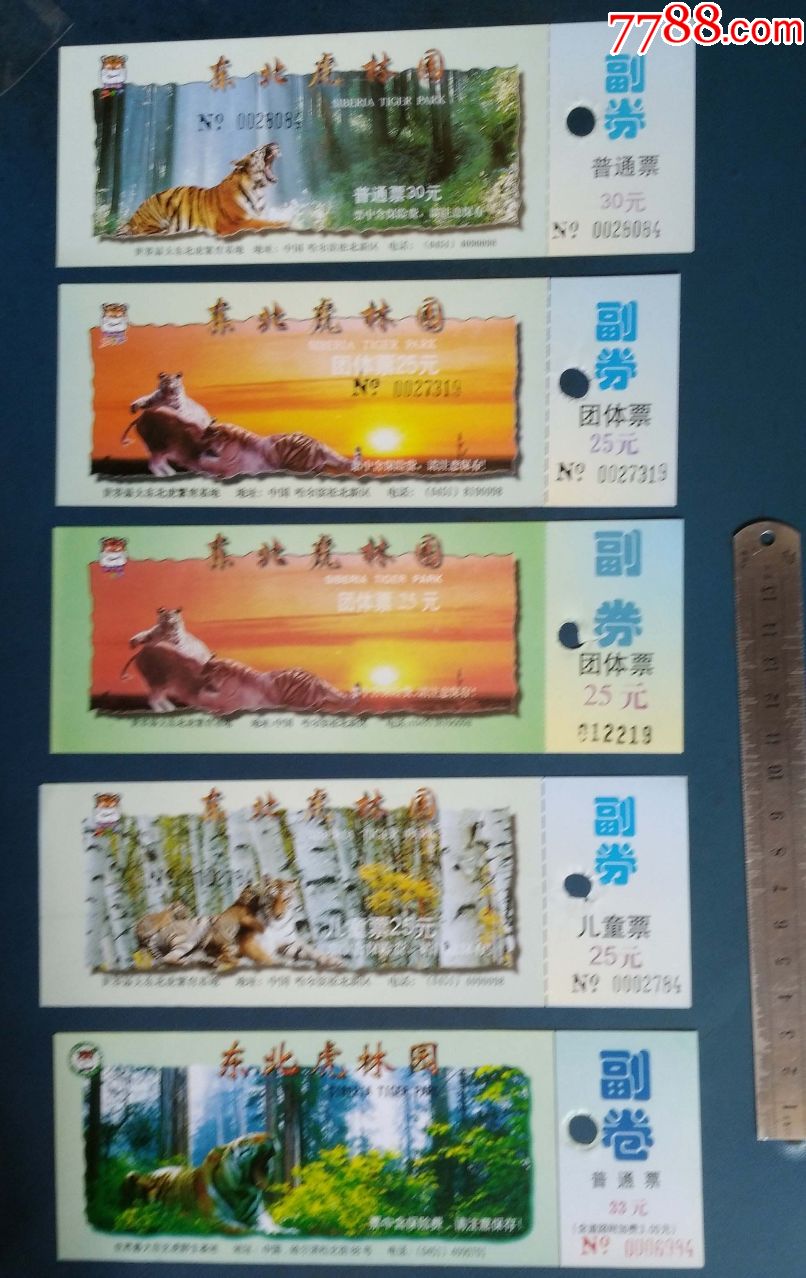哈尔滨东北虎林园5种面值券打孔30元