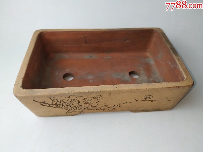 文革时期石如刻王凤英底款方形紫砂老花盆