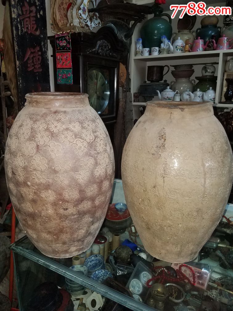 清代云南印花陶制大花罐一对,插花不错
