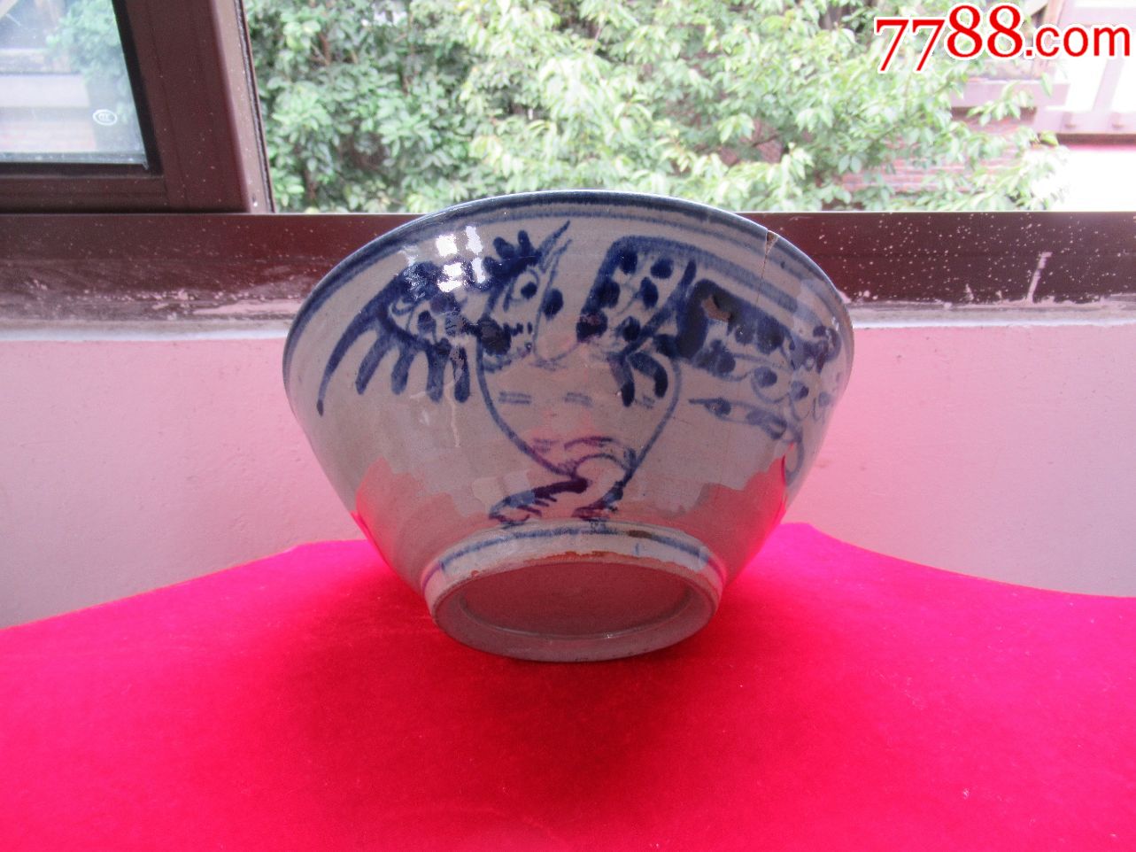 晚清民国青花洋蓝大吉大利鸡年生肖大鸡图案大碗以图为准