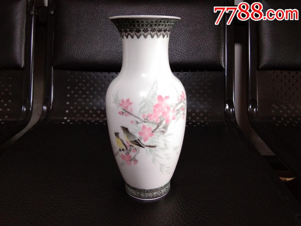 醴陵群力老瓷器桃花鸟花瓶