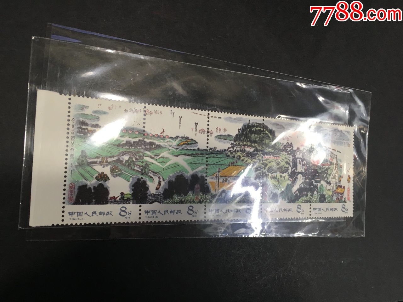 t34,水乡新貌绝品带边纸原胶白润亮联票无折保真包品,新中国邮票_第1