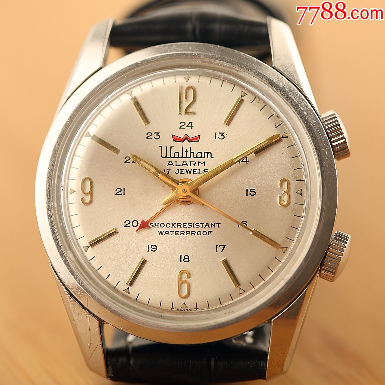 美国华生闹铃古董表经典钢身金针金字24小时区彩印红标铁路轨-手表