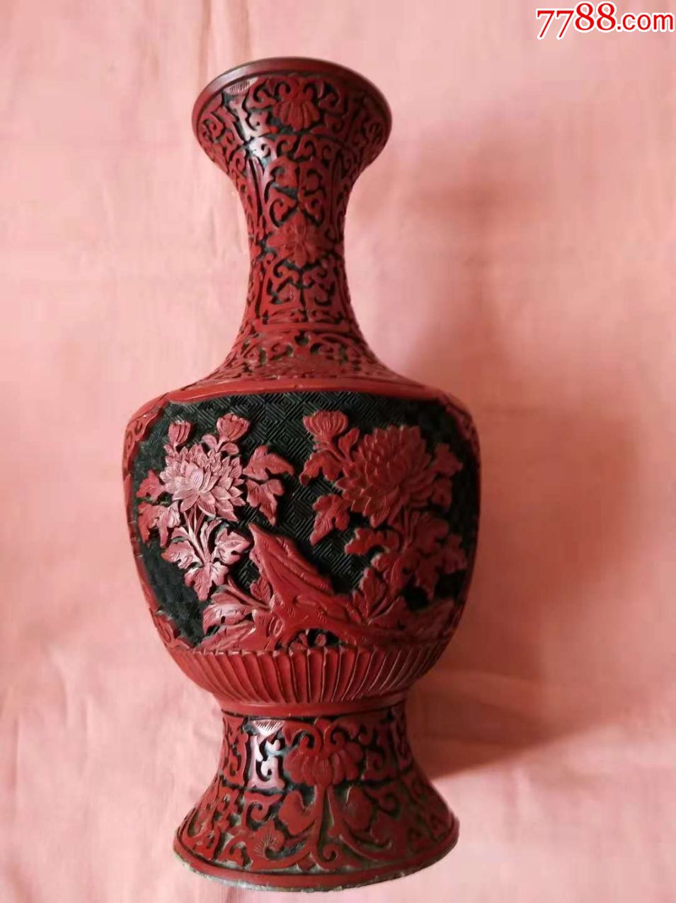 大漆漆器北京雕漆老瓶剔红花