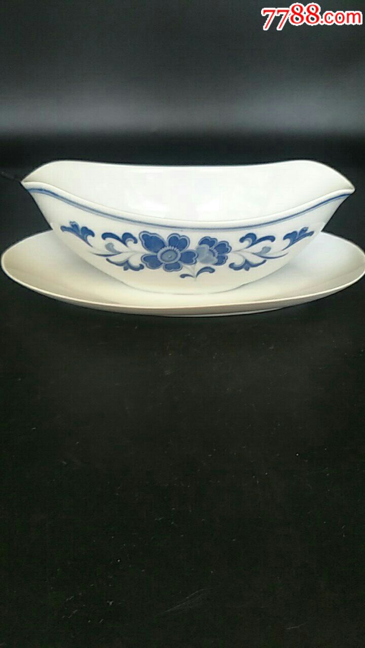 醴陵瓷群力80年代生产蓝海棠西餐具鸭池元宝碗