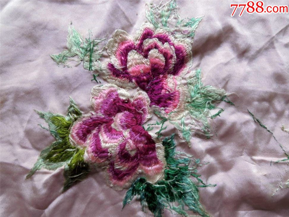 刺繡收藏181008-邊疆早期大號手工精繡花鳥緞面枕頭面一對84-50cm