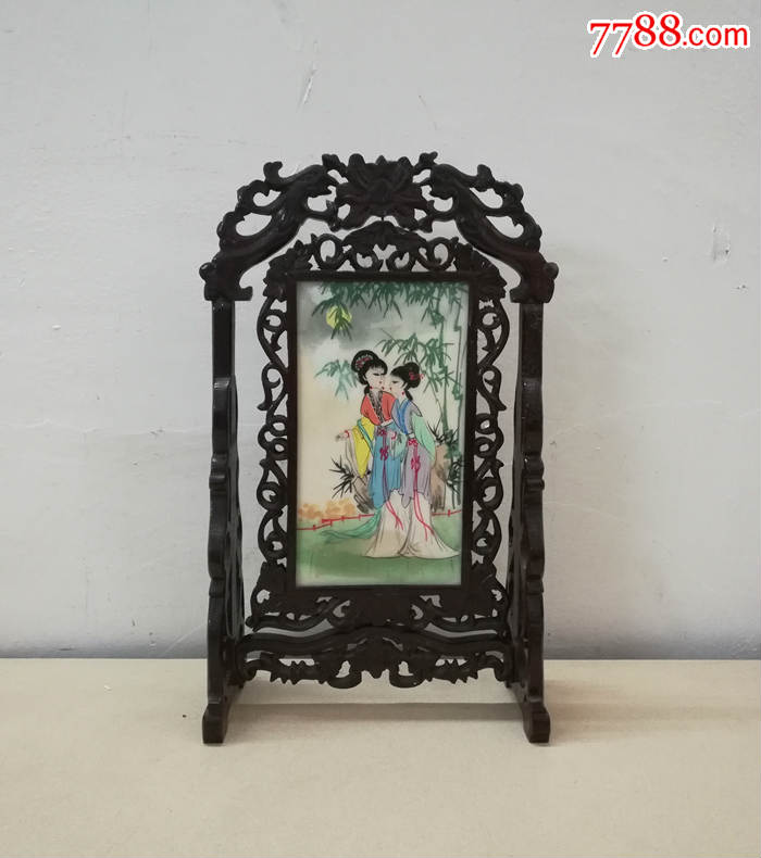 漂亮精美的手绘仕女纹白石板画屏