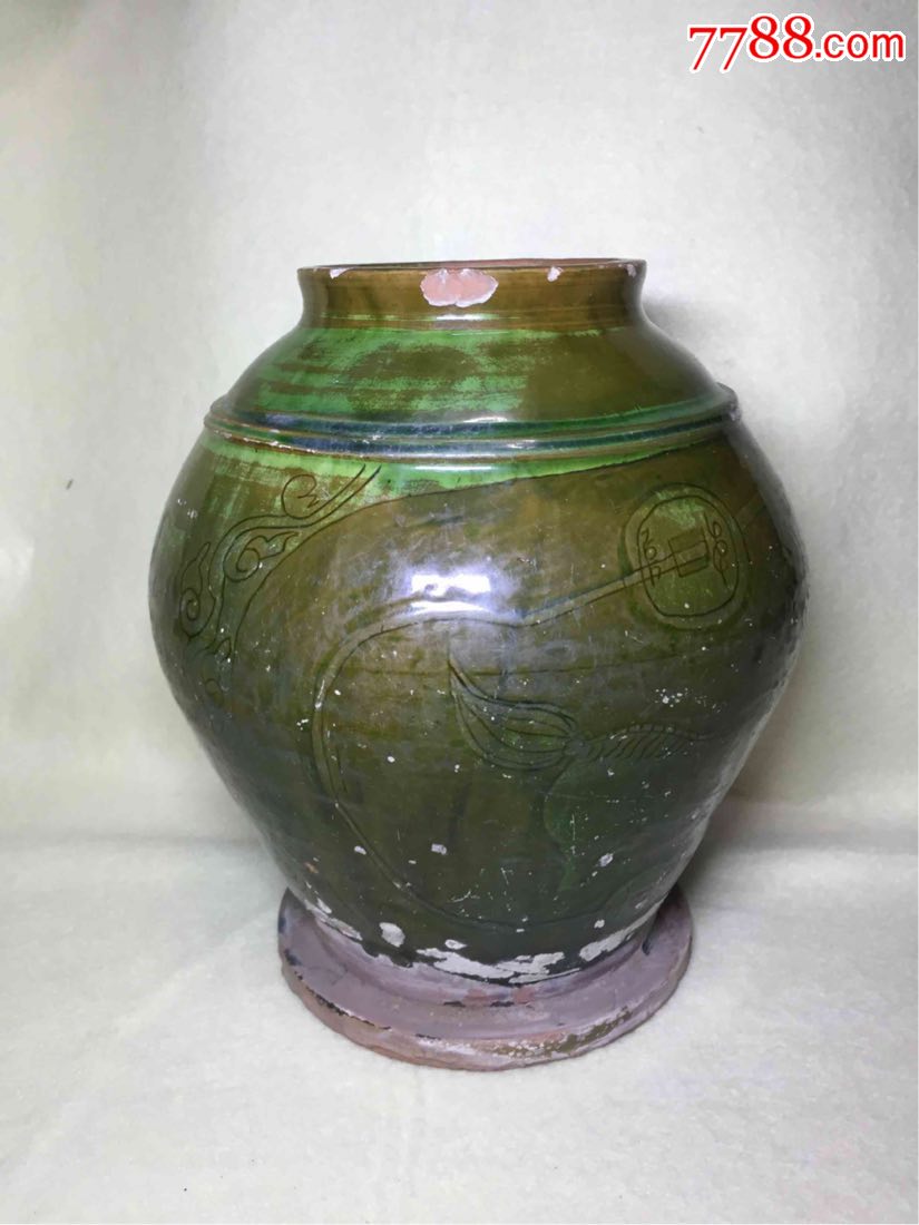 明代绿釉暗刻花罐老窑瓷器_价格1800元【一个有梦想的古玩店】_第1张